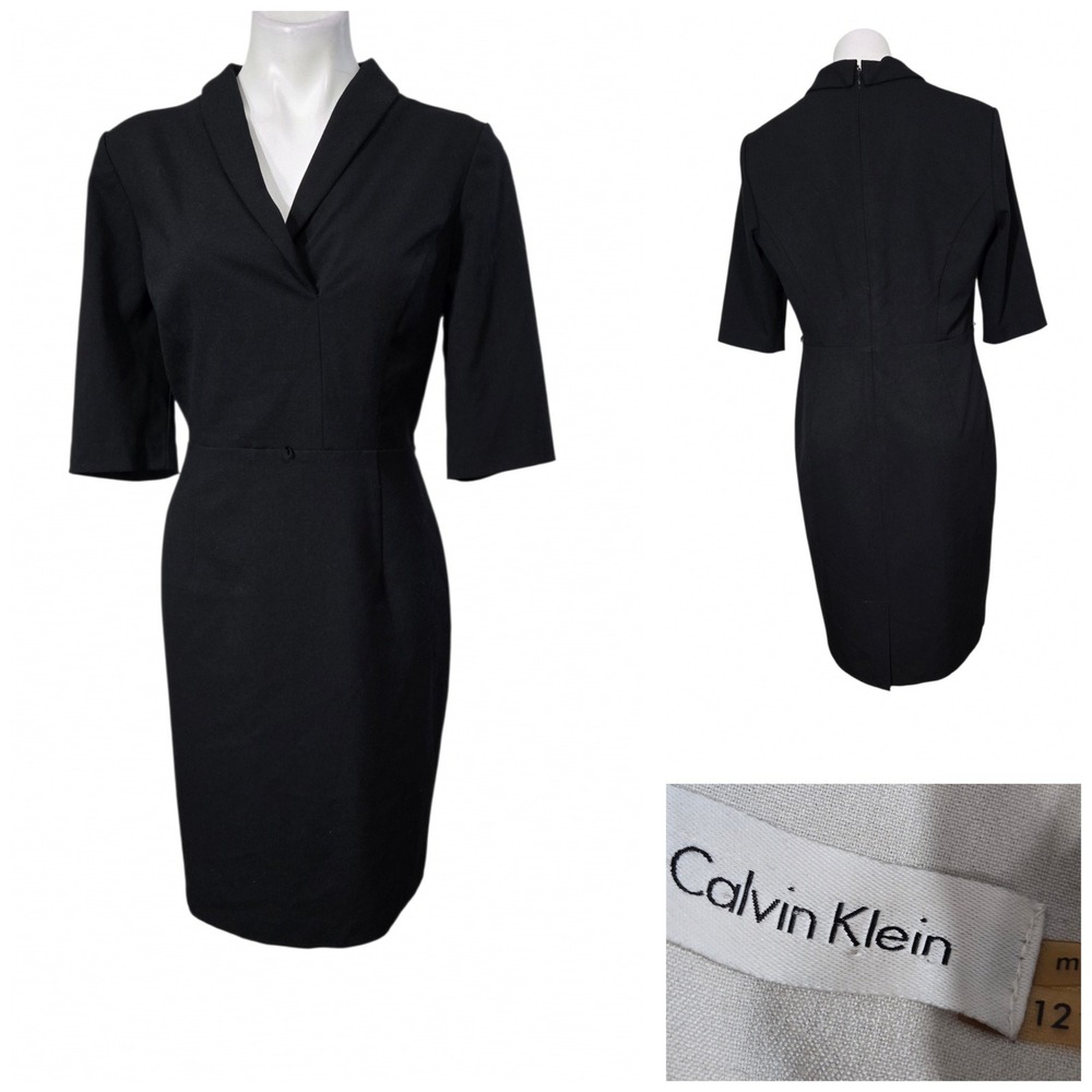 Calvin Klein Womens Black Shawl Collar V-Neck Sheath Dress Size 12 RN 54163